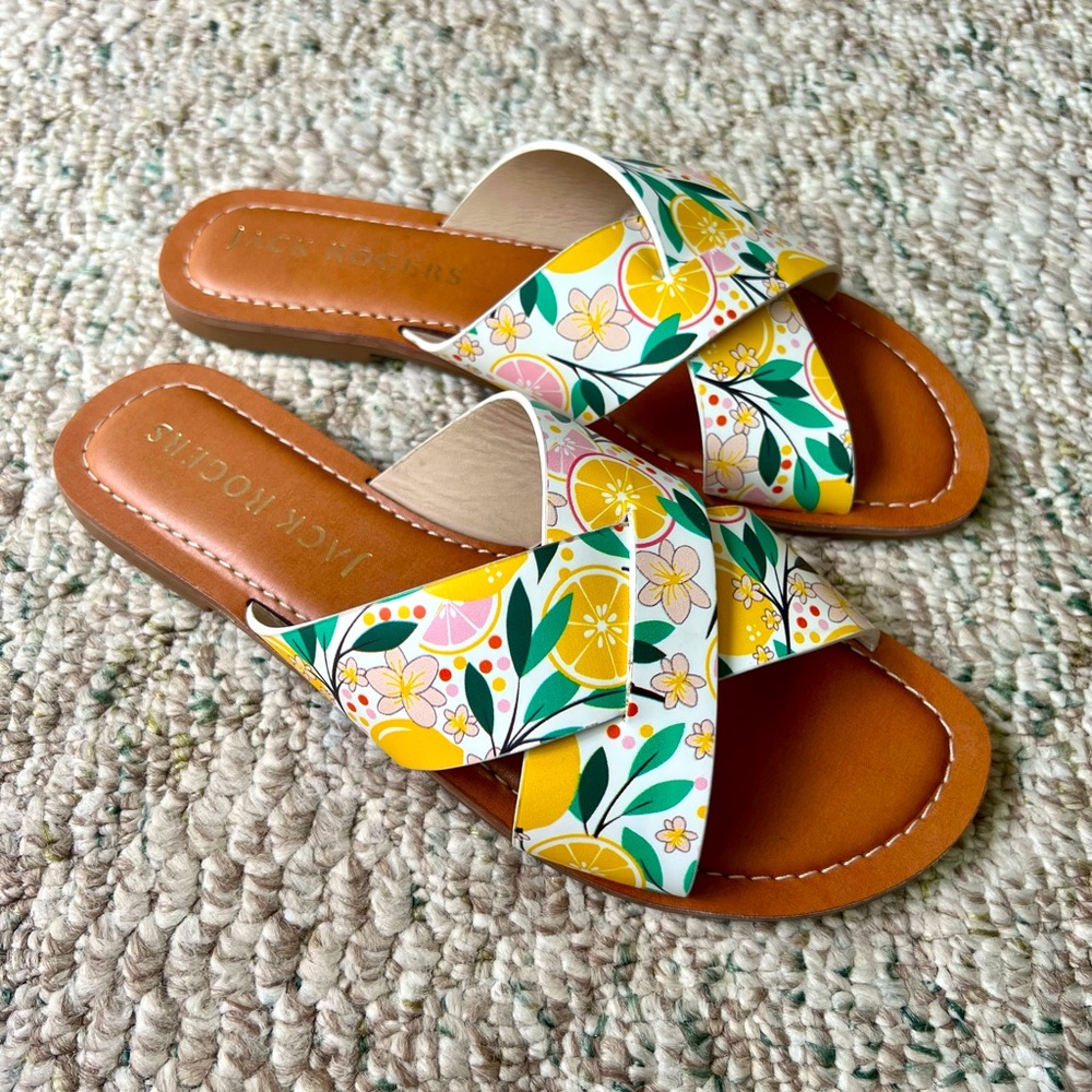 Jack Rogers Lemon Print Slotted Sloane X Band Sandals like new
